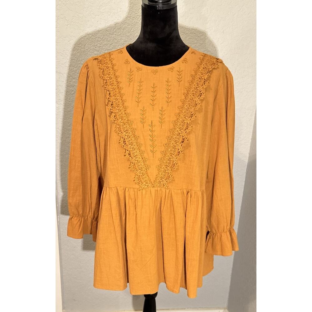 Indie & Co XXL Women's Crochet Embroidered Detail Ruffled Top Boho Cottagecore